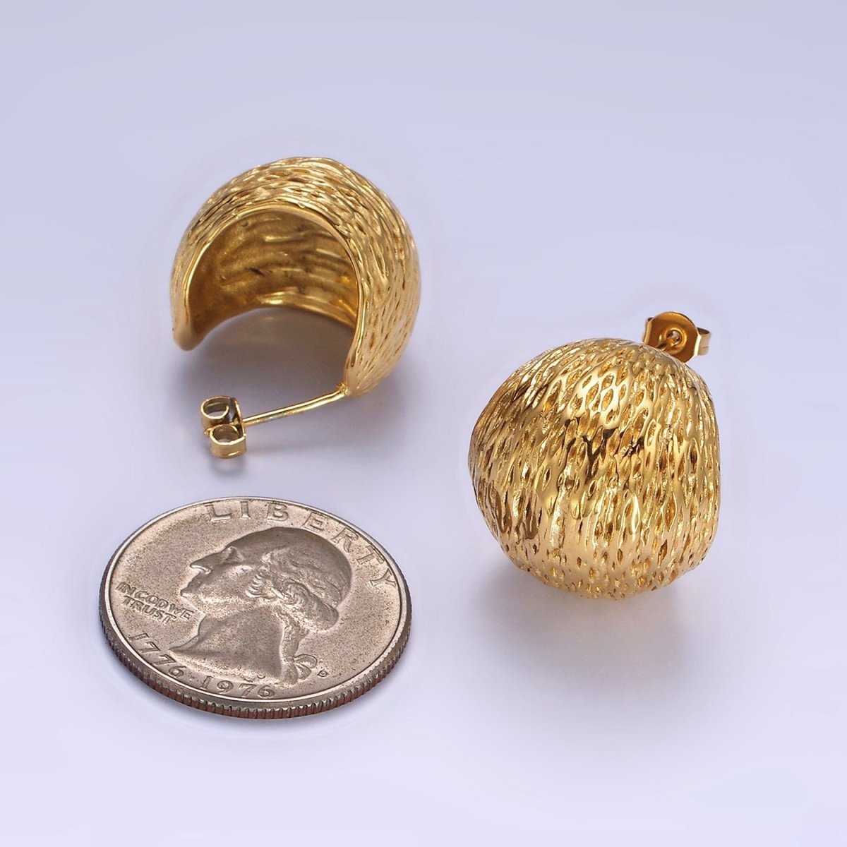 Stainless Steel 20mm Hammered Line-Textured Wide Dome C-Shaped Hoop Earrings | AE414 - DLUXCA