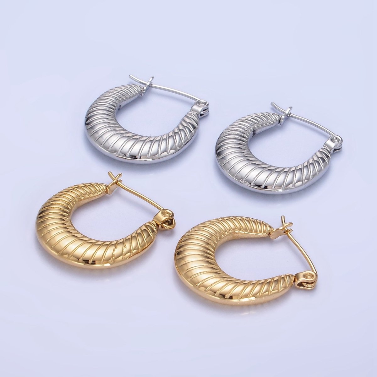 Stainless Steel 20mm Line-Textured Latch Hoop Earrings in Gold & Silver | AB1380 AB1381