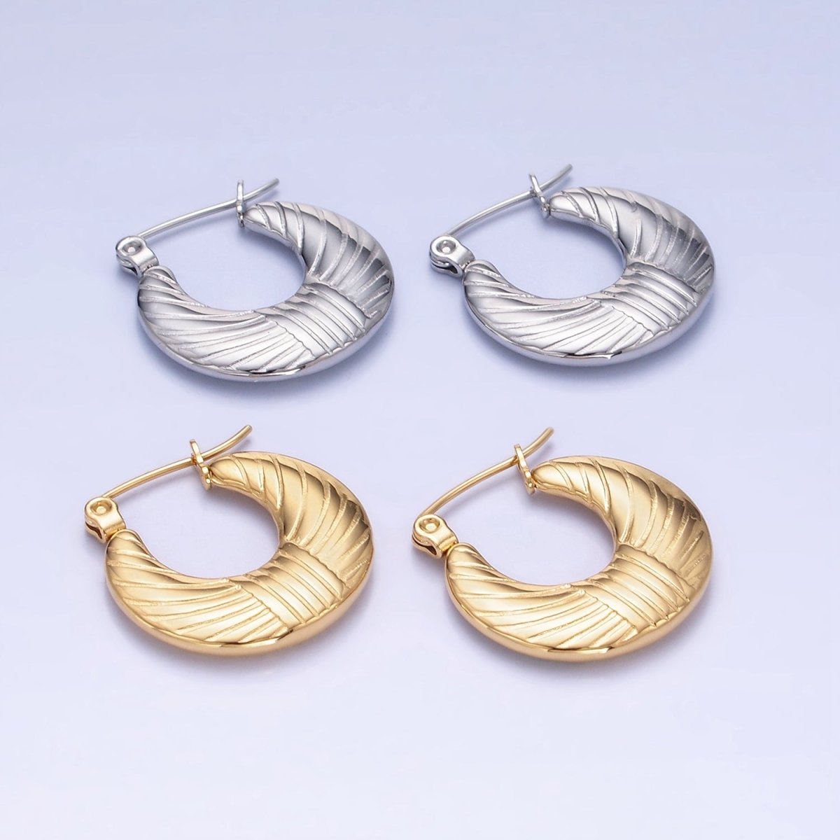 Stainless Steel 20mm Lined Round Latch Hoop Earrings in Gold & Silver | AB1386 AB1387
