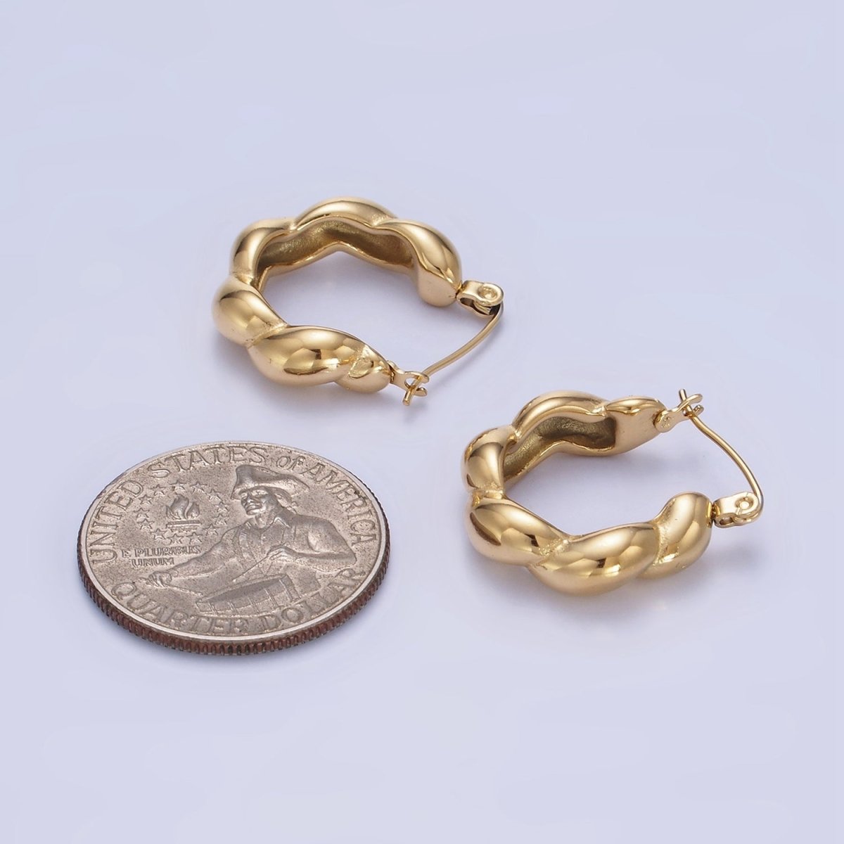 Stainless Steel 20mm Puffed Croissant Latch Hoop Earrings in Gold & Silver | AB1384 AB1385