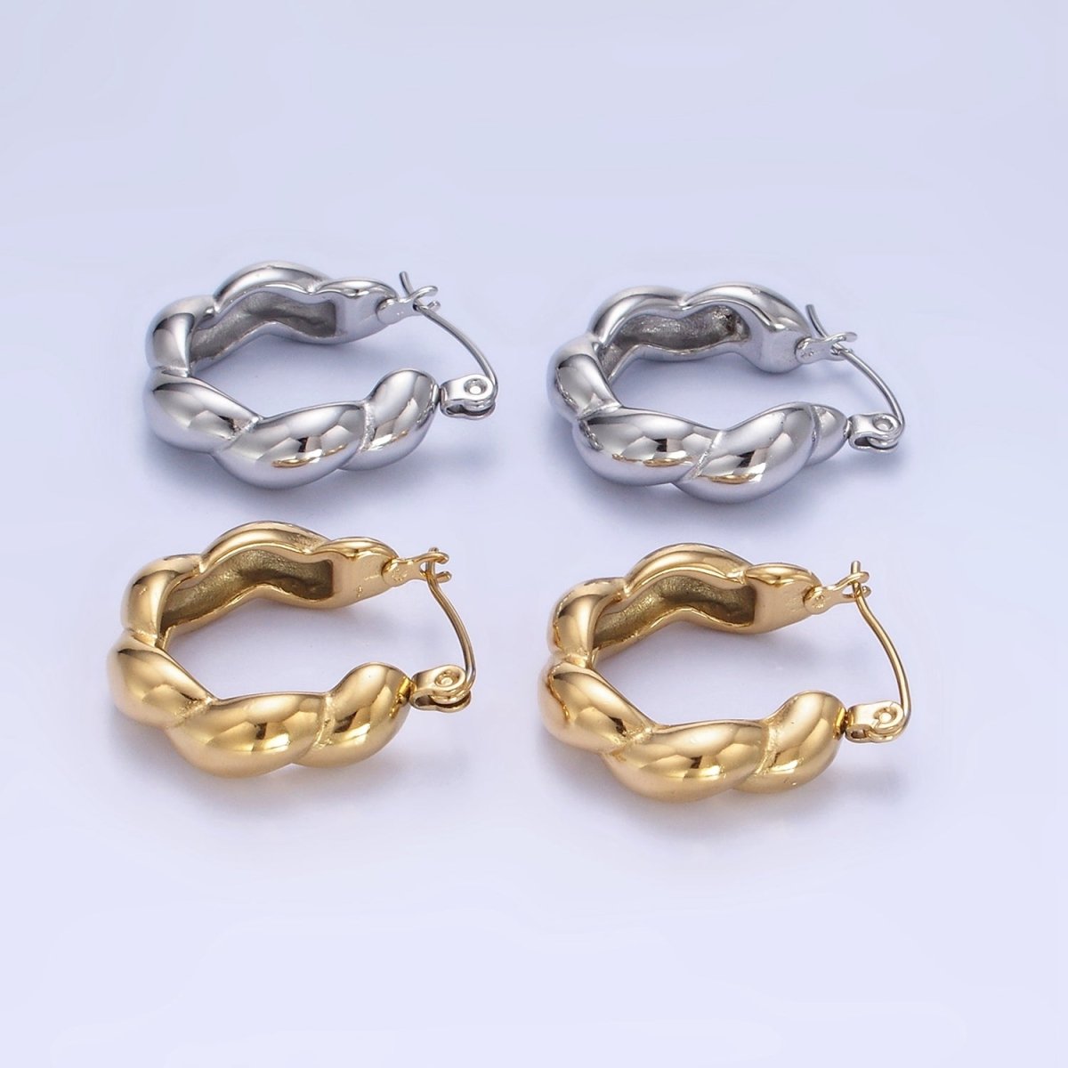 Stainless Steel 20mm Puffed Croissant Latch Hoop Earrings in Gold & Silver | AB1384 AB1385