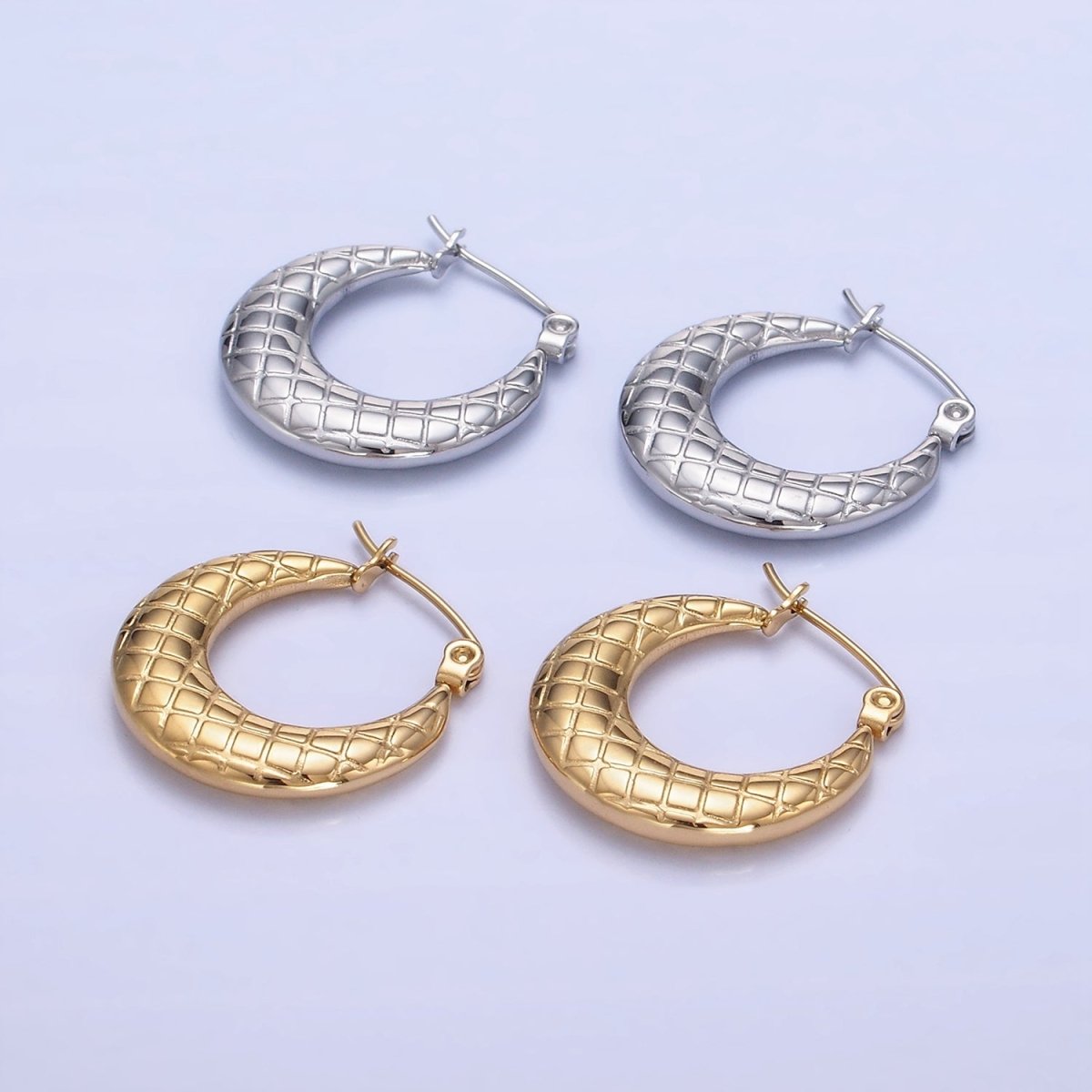 Stainless Steel 20mm Quilted Lined Latch Hoop Earrings in Gold & Silver | AB-A1378 AB-A1379