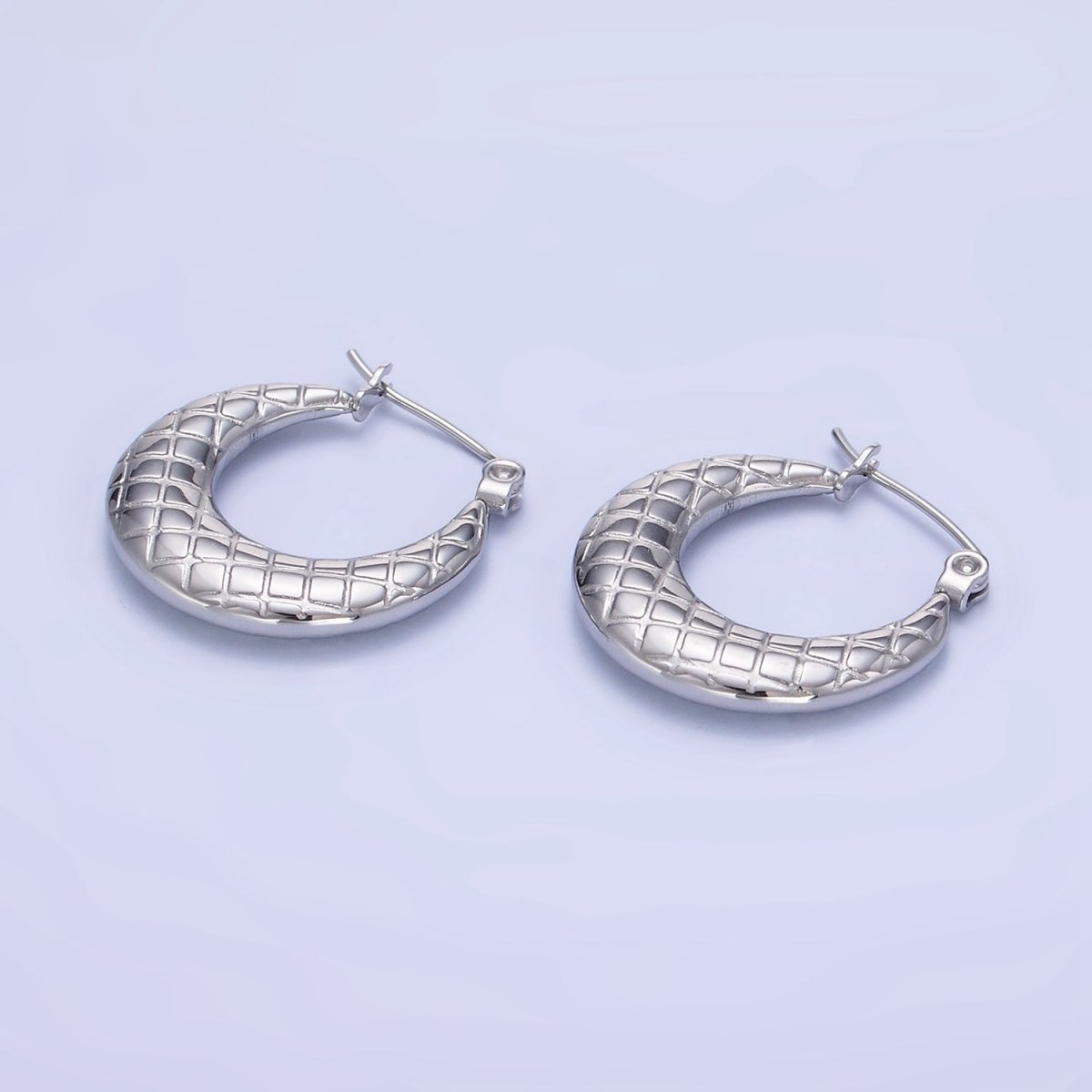 Stainless Steel 20mm Quilted Lined Latch Hoop Earrings in Gold & Silver | AB-A1378 AB-A1379