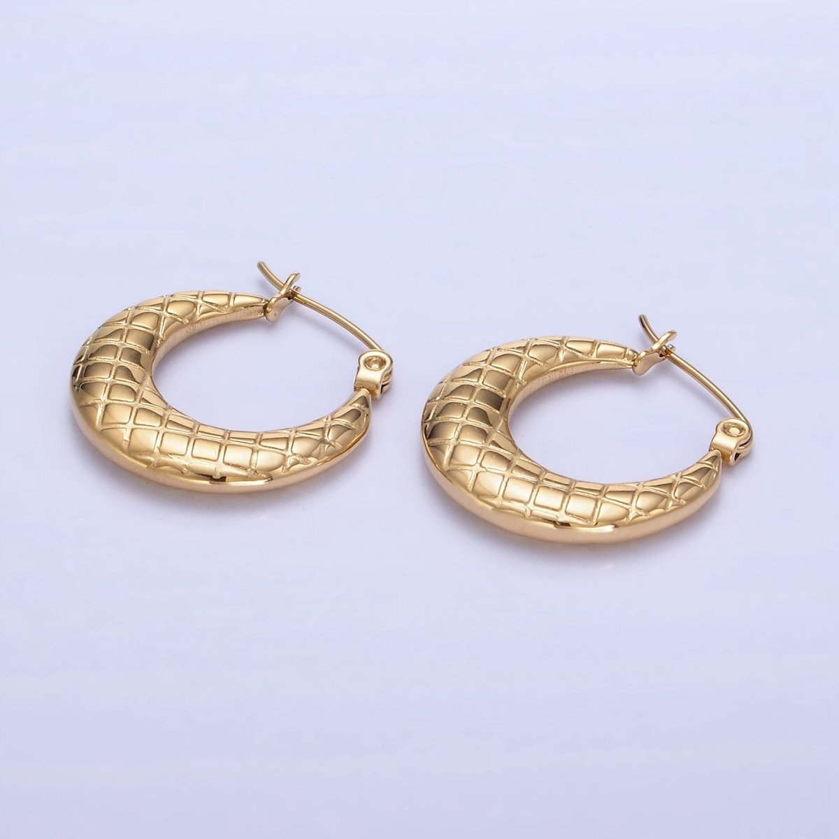 Stainless Steel 20mm Quilted Lined Latch Hoop Earrings in Gold & Silver | AB-A1378 AB-A1379
