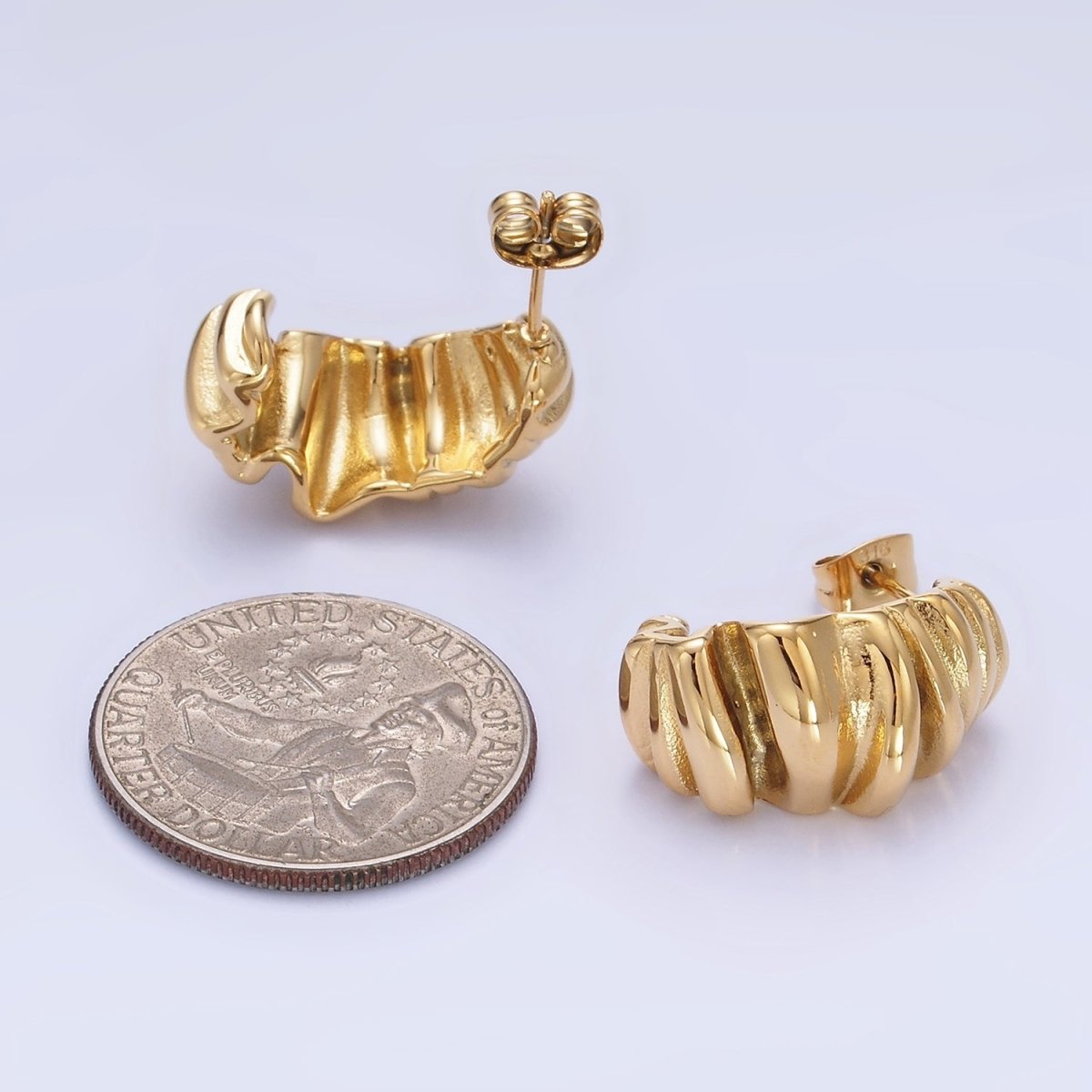 Stainless Steel 21mm Molten Foil J-Shaped Hoop Earrings in Gold & Silver | P440 P441