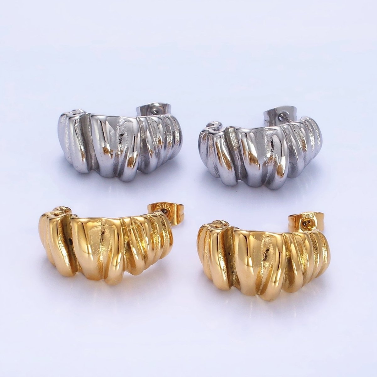 Stainless Steel 21mm Molten Foil J-Shaped Hoop Earrings in Gold & Silver | P440 P441