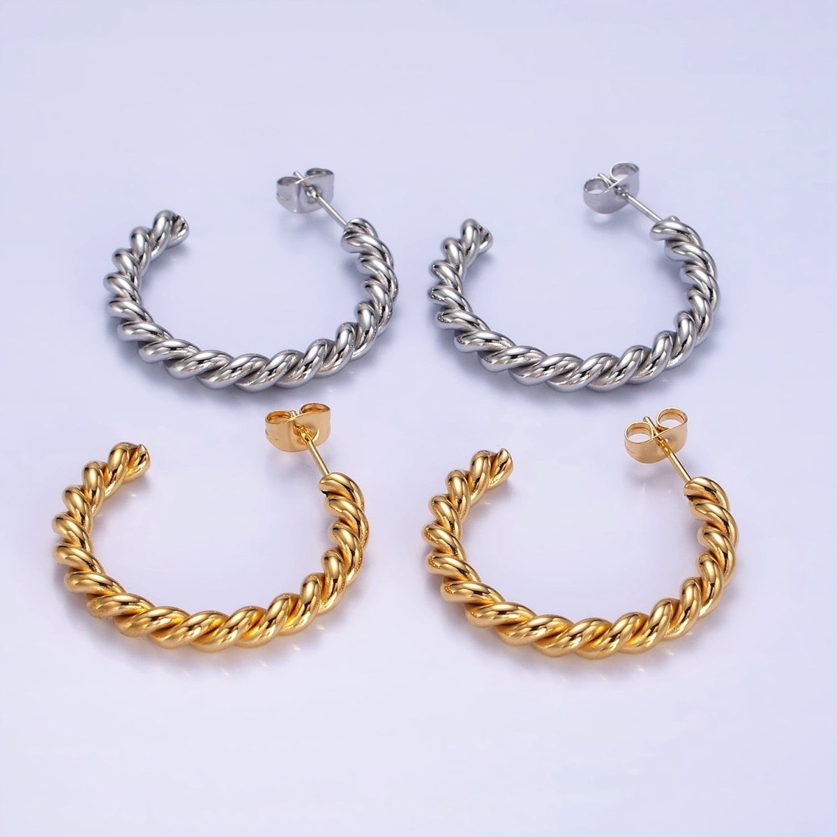 Stainless Steel 25mm, 30mm Croissant Rope C-Shaped Hoop Earrings in Gold & Silver | AE215 - AE217