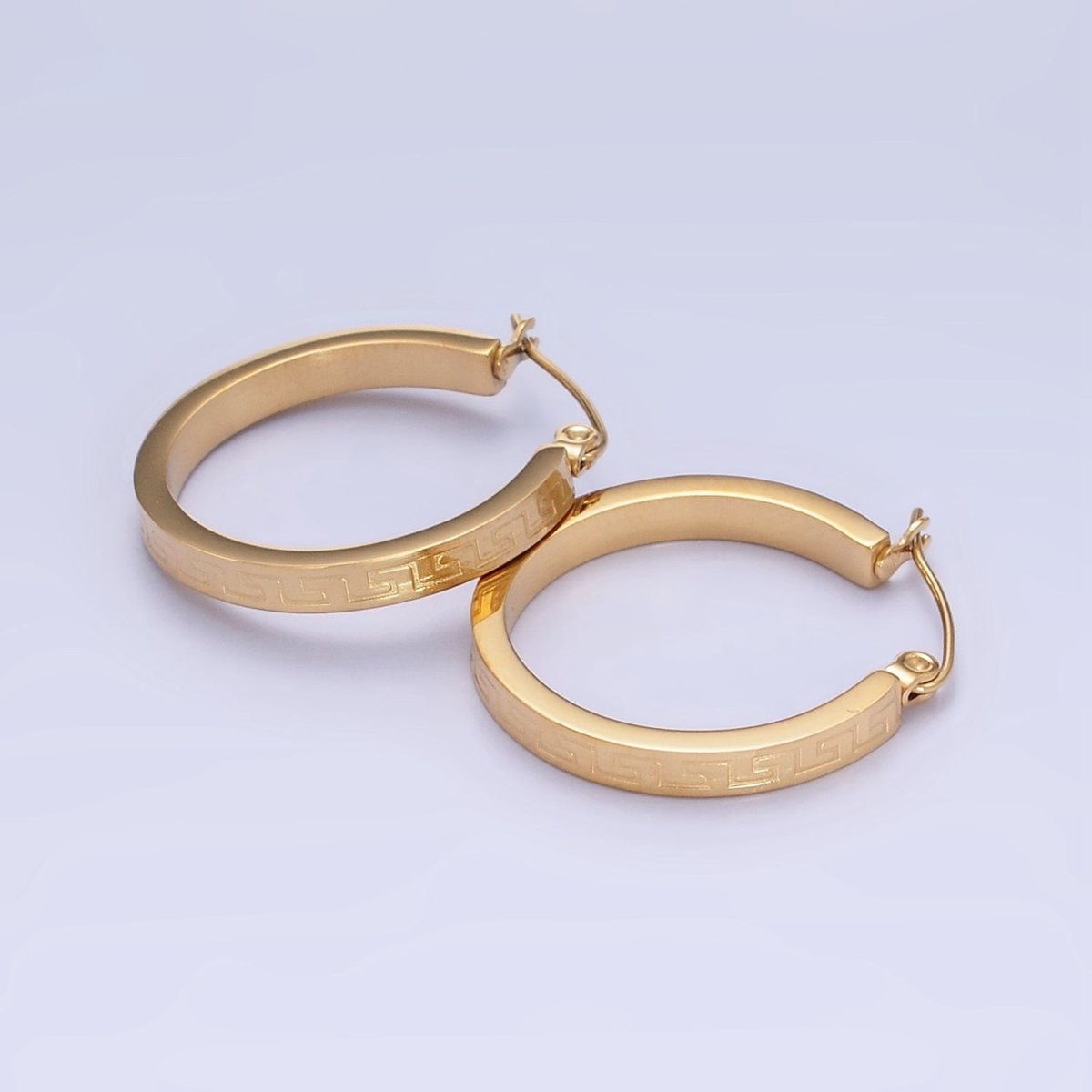Stainless Steel 25mm Geometric Lined Engraved Latch Hoop Earrings in Gold & Silver | P442 P443