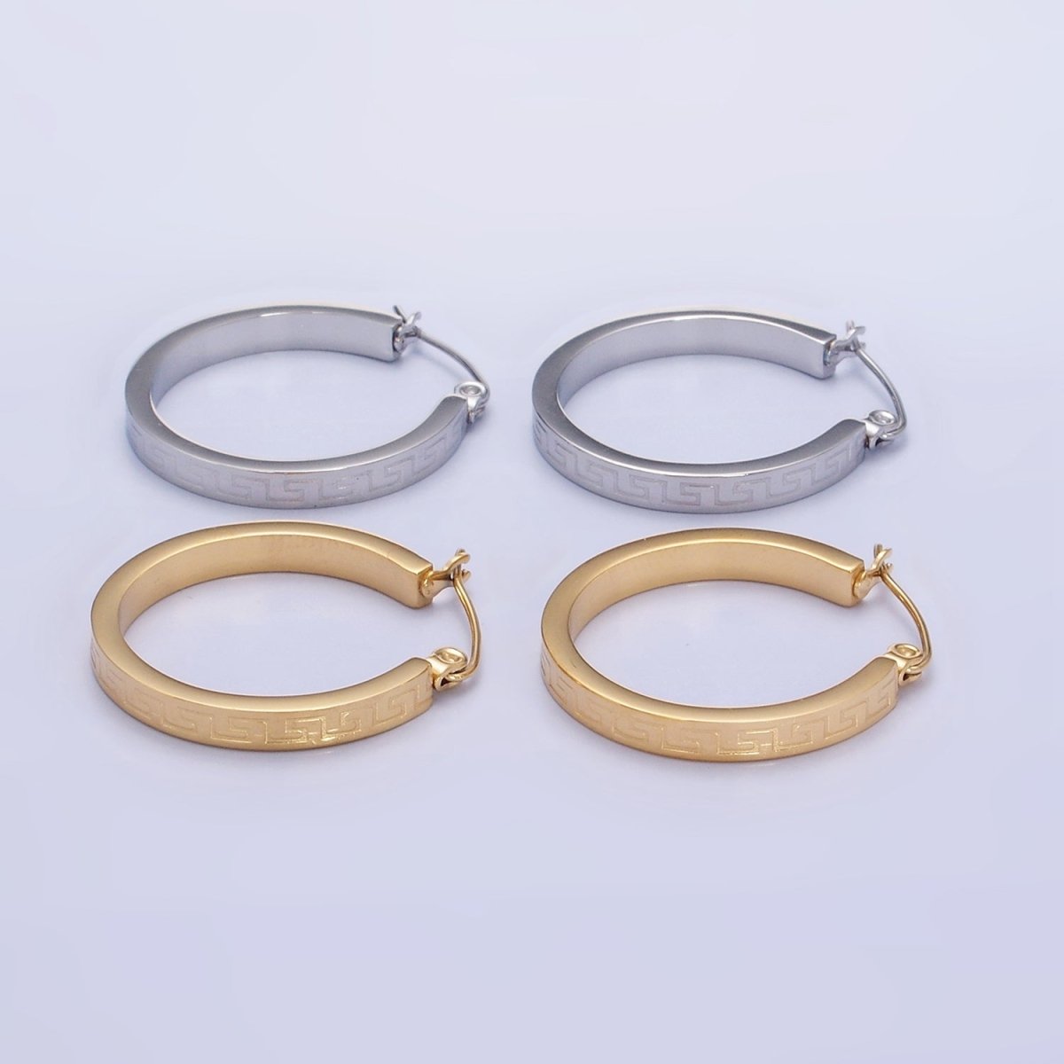 Stainless Steel 25mm Geometric Lined Engraved Latch Hoop Earrings in Gold & Silver | P442 P443