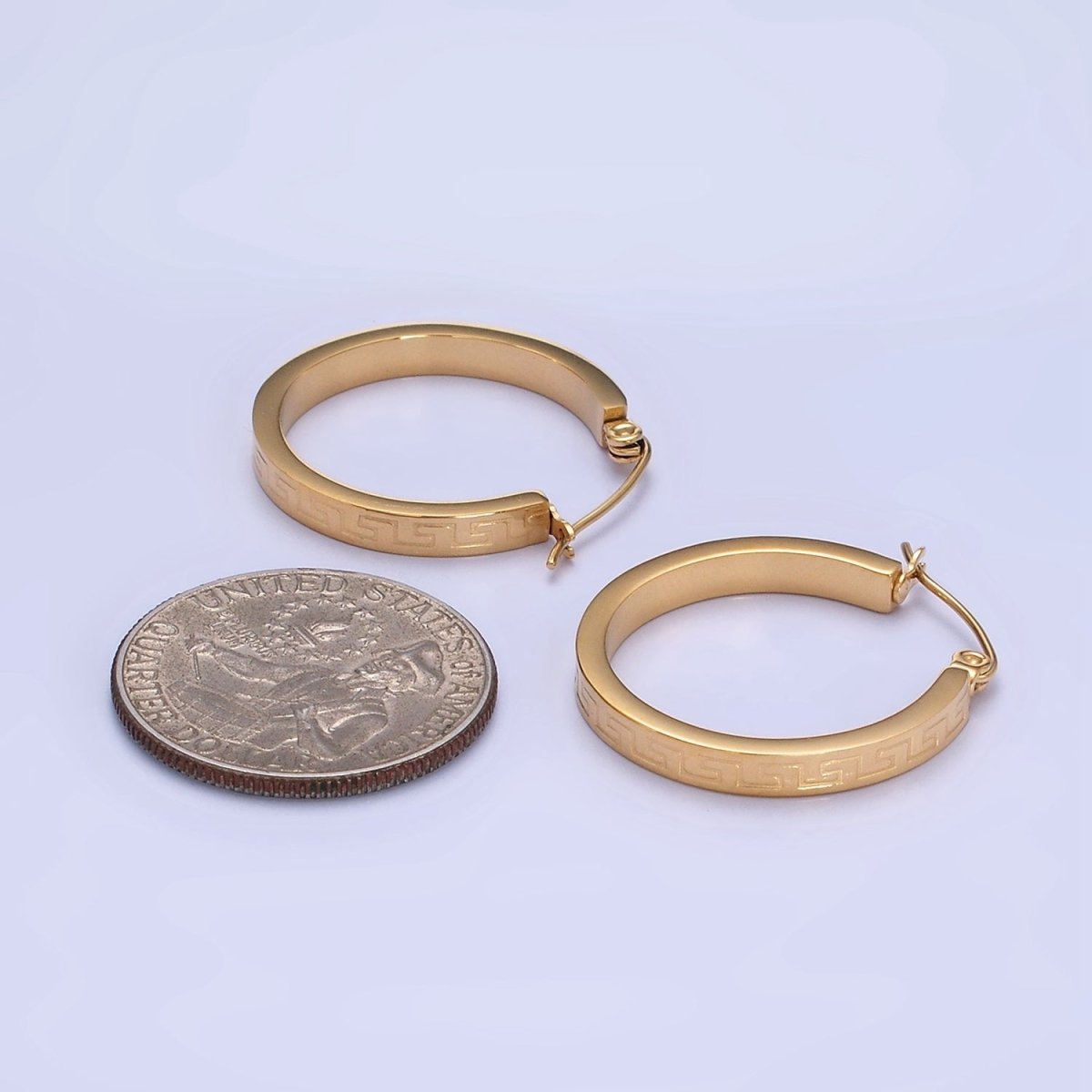 Stainless Steel 25mm Geometric Lined Engraved Latch Hoop Earrings in Gold & Silver | P442 P443