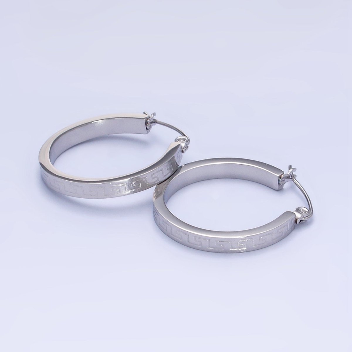 Stainless Steel 25mm Geometric Lined Engraved Latch Hoop Earrings in Gold & Silver | P442 P443