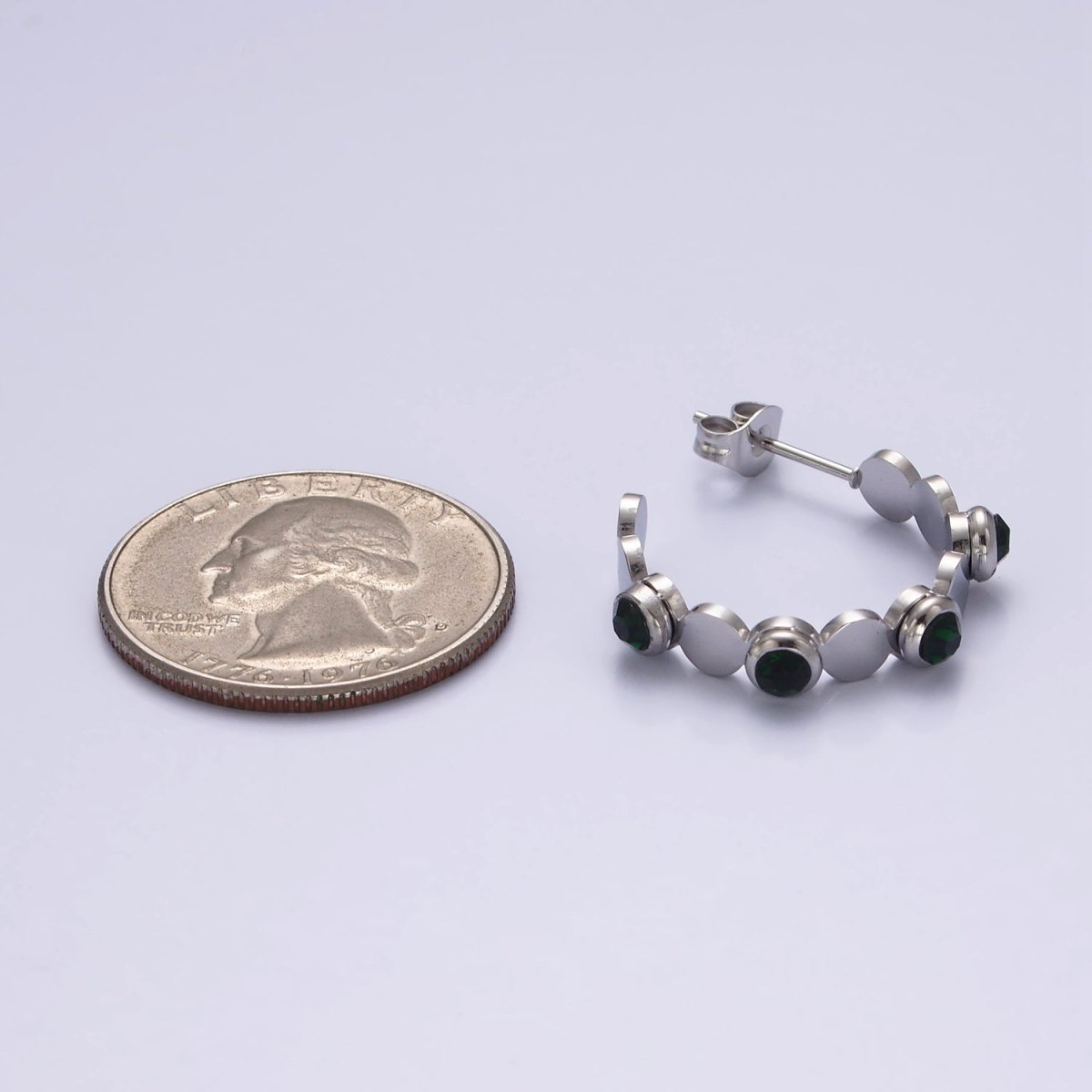 Stainless Steel 25mm Green, Clear CZ Dotted Bubble C-Shaped Hoop Earrings in Silver & Gold | AE865 - AE868