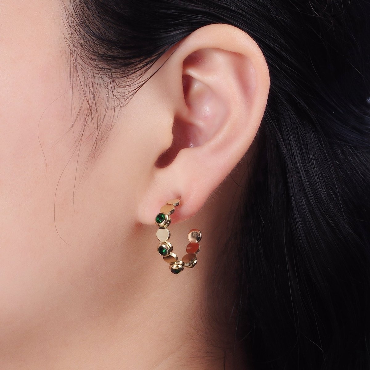 Stainless Steel 25mm Green, Clear CZ Dotted Bubble C-Shaped Hoop Earrings in Silver & Gold | AE865 - AE868