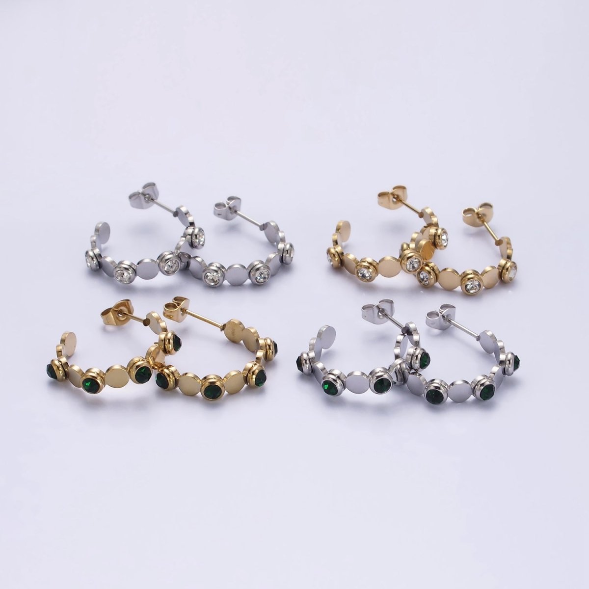 Stainless Steel 25mm Green, Clear CZ Dotted Bubble C-Shaped Hoop Earrings in Silver & Gold | AE865 - AE868