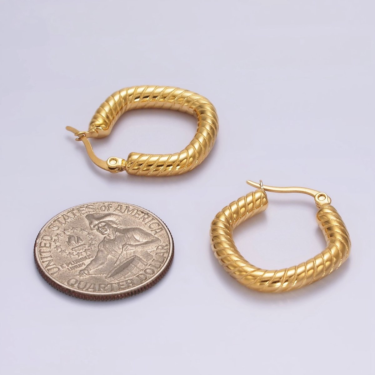 Stainless Steel 25mm Line-Textured Rhombus Latch Hoop Earrings | AE394 - DLUXCA