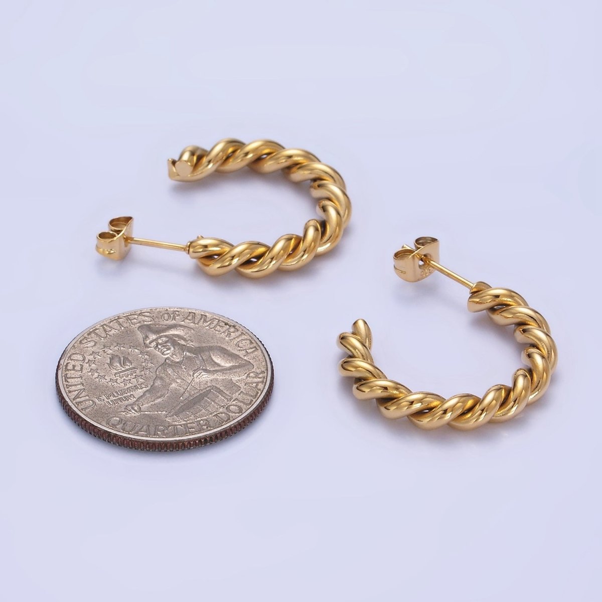 Stainless Steel 25mm Rope Croissant C-Shaped Hoop Earring in Gold & Silver | P450 P451