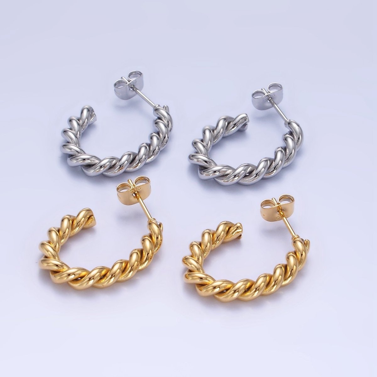 Stainless Steel 25mm Rope Croissant J-Shaped Hoop Earrings in Gold & Silver | P452 P453