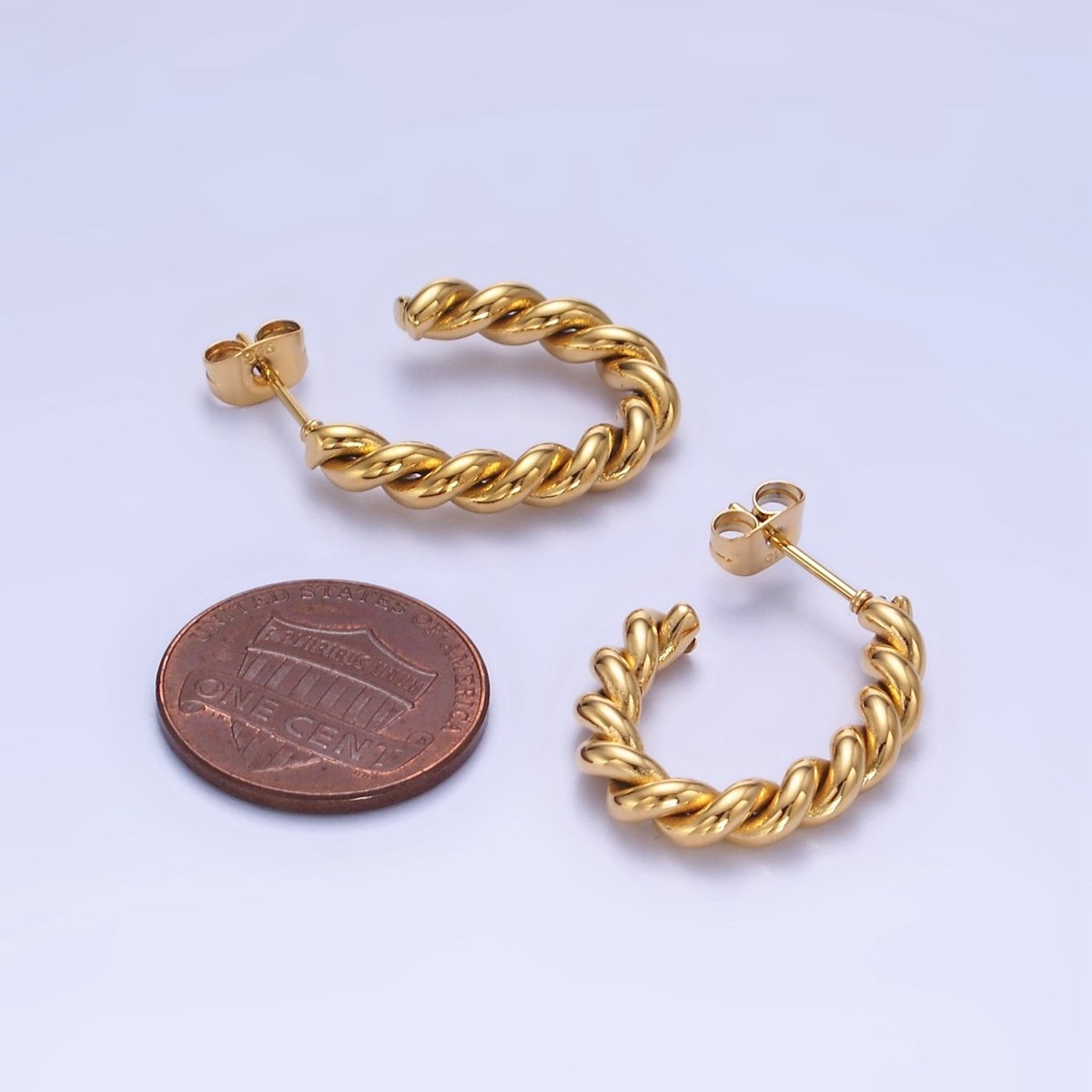 Stainless Steel 25mm Rope Croissant J-Shaped Hoop Earrings in Gold & Silver | P452 P453