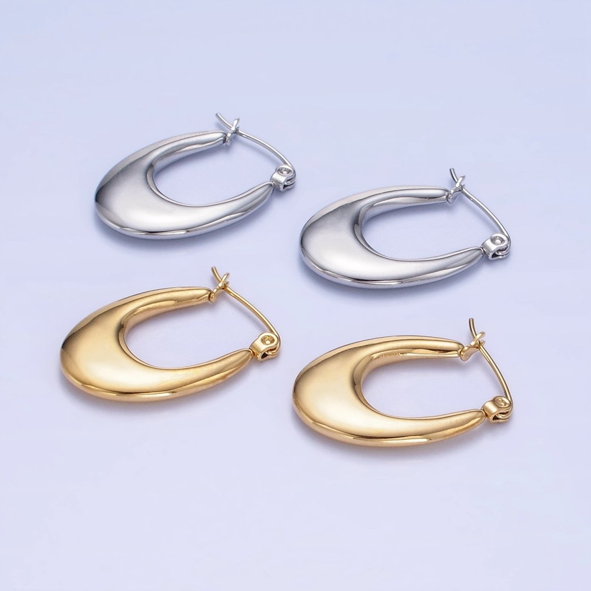 Stainless Steel 25mm U-Shaped Oblong Latch Hoop Earrings in Gold & Silver | AB1390 AB1391