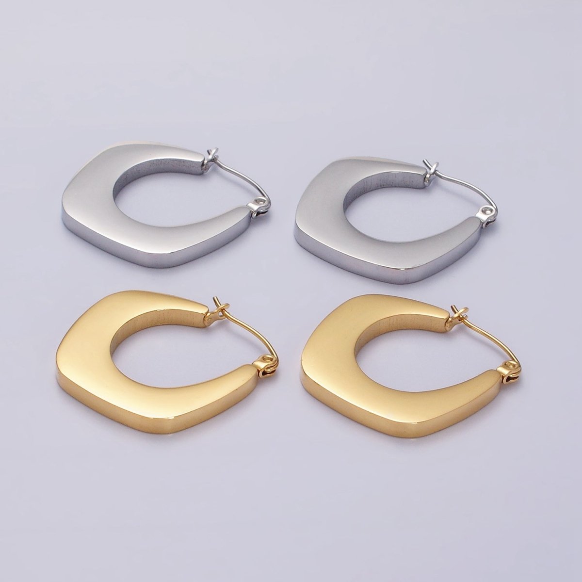 Stainless Steel 25mm U-Shaped Rhombus Latch Earrings in Silver & Gold | AE200 AE201
