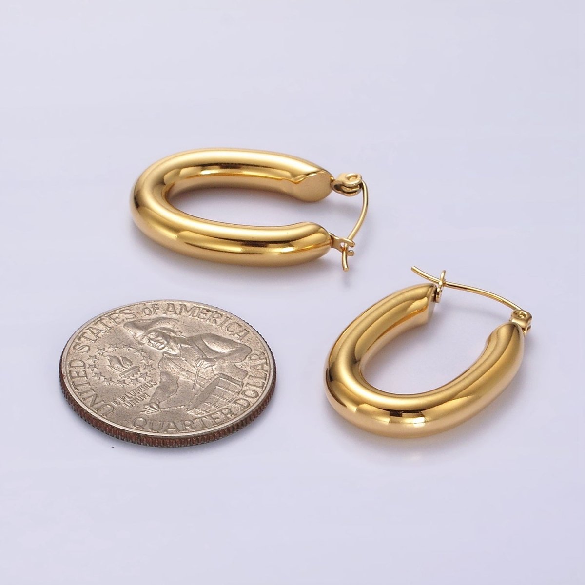 Stainless Steel 28mm Chubby Oblong Latch Hoop Earrings in Gold & Silver | AE210 AE211