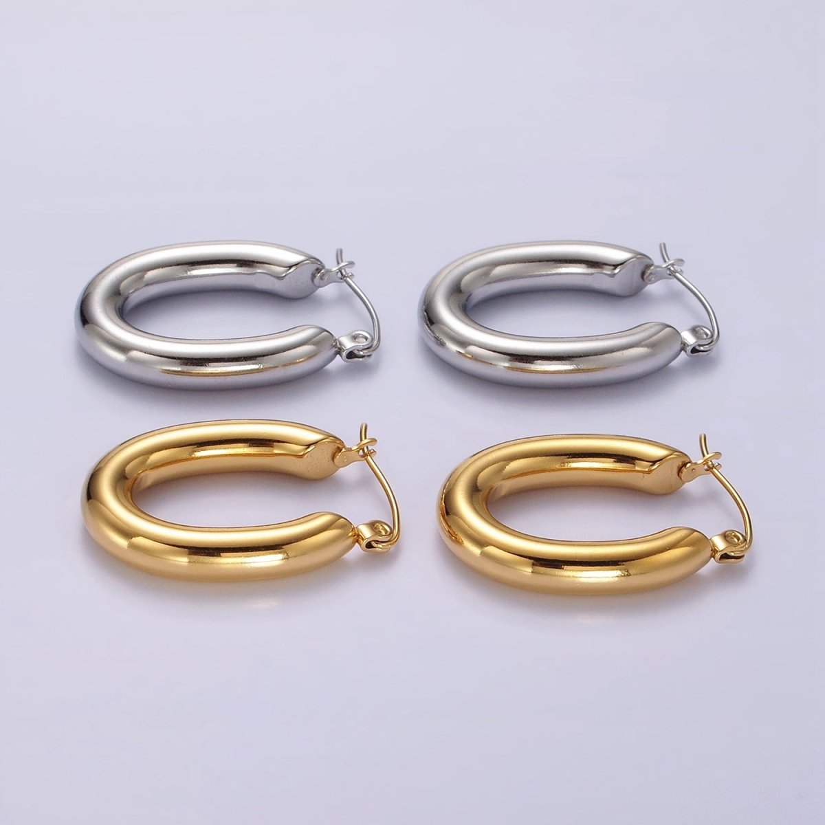 Stainless Steel 28mm Chubby Oblong Latch Hoop Earrings in Gold & Silver | AE210 AE211