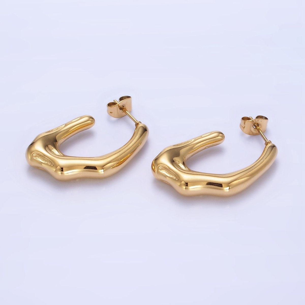 Stainless Steel 28mm Molten Abstract J-Shaped Hoop Earring in Gold & Silver | P438 P439