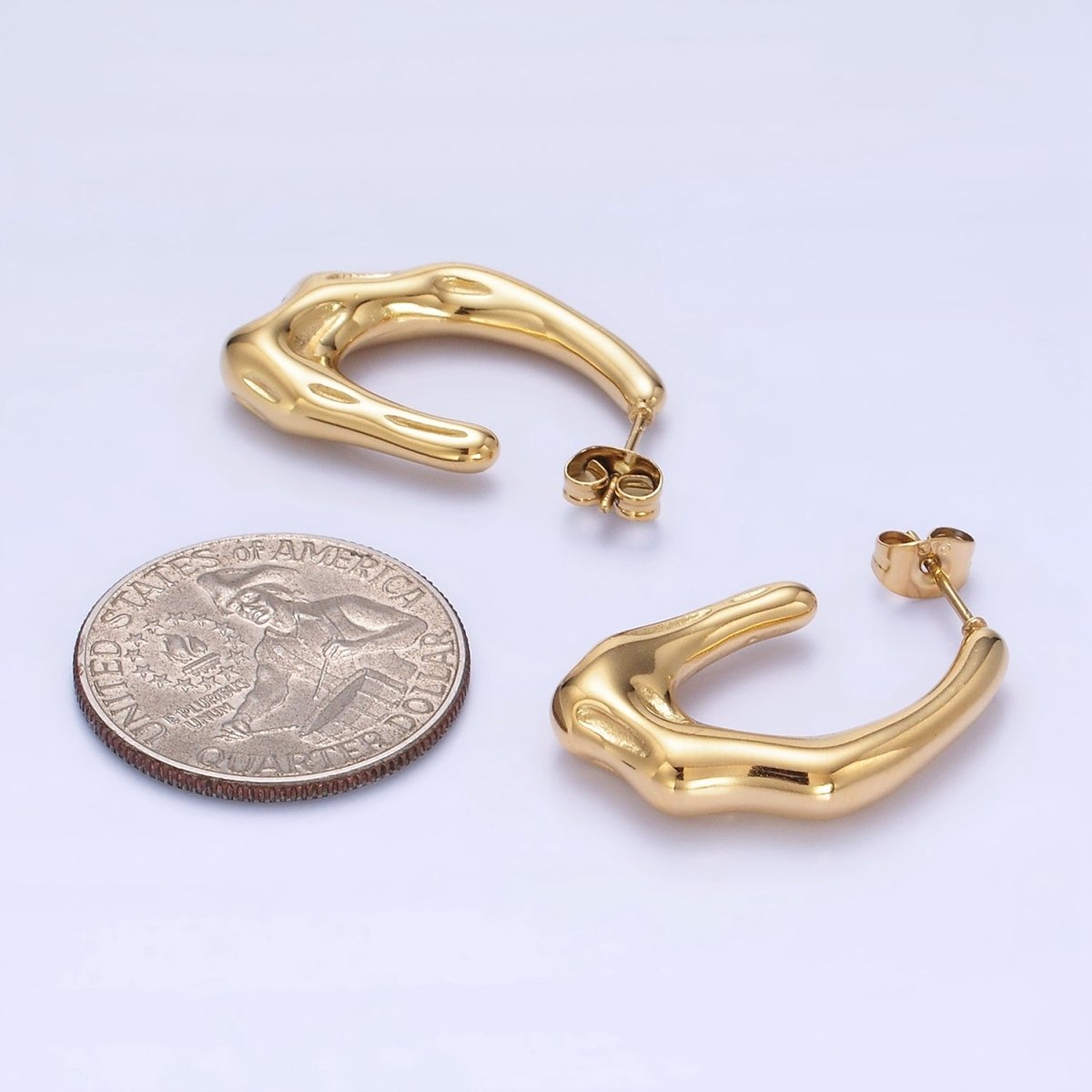 Stainless Steel 28mm Molten Abstract J-Shaped Hoop Earring in Gold & Silver | P438 P439