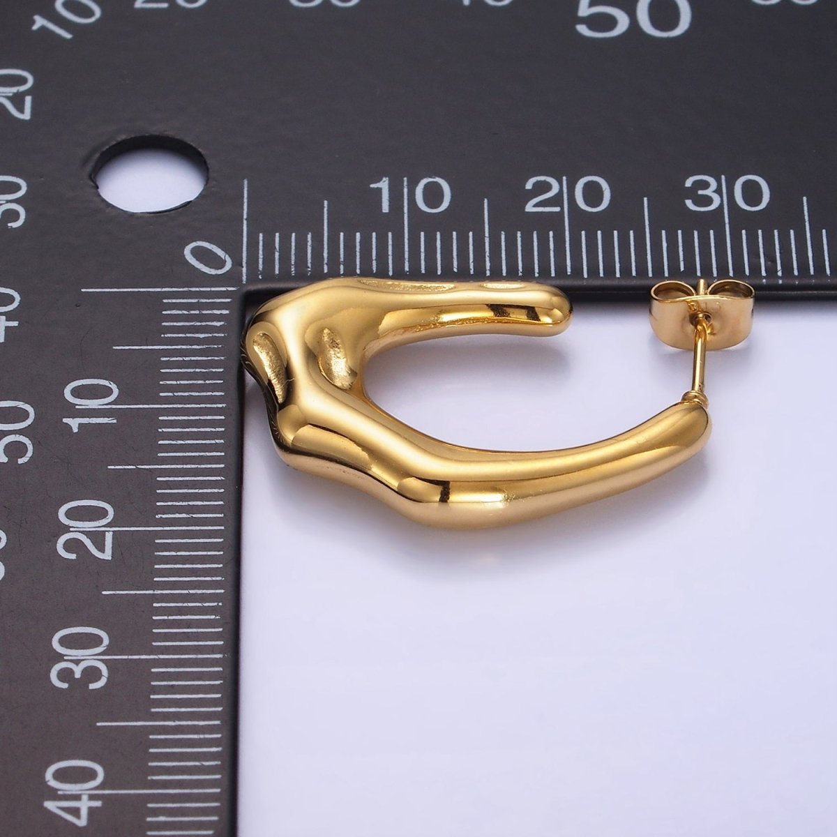 Stainless Steel 28mm Molten Abstract J-Shaped Hoop Earring in Gold & Silver | P438 P439