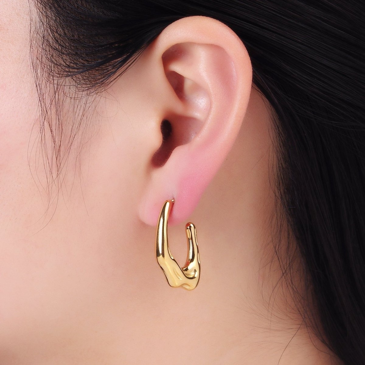 Stainless Steel 28mm Molten Abstract J-Shaped Hoop Earring in Gold & Silver | P438 P439