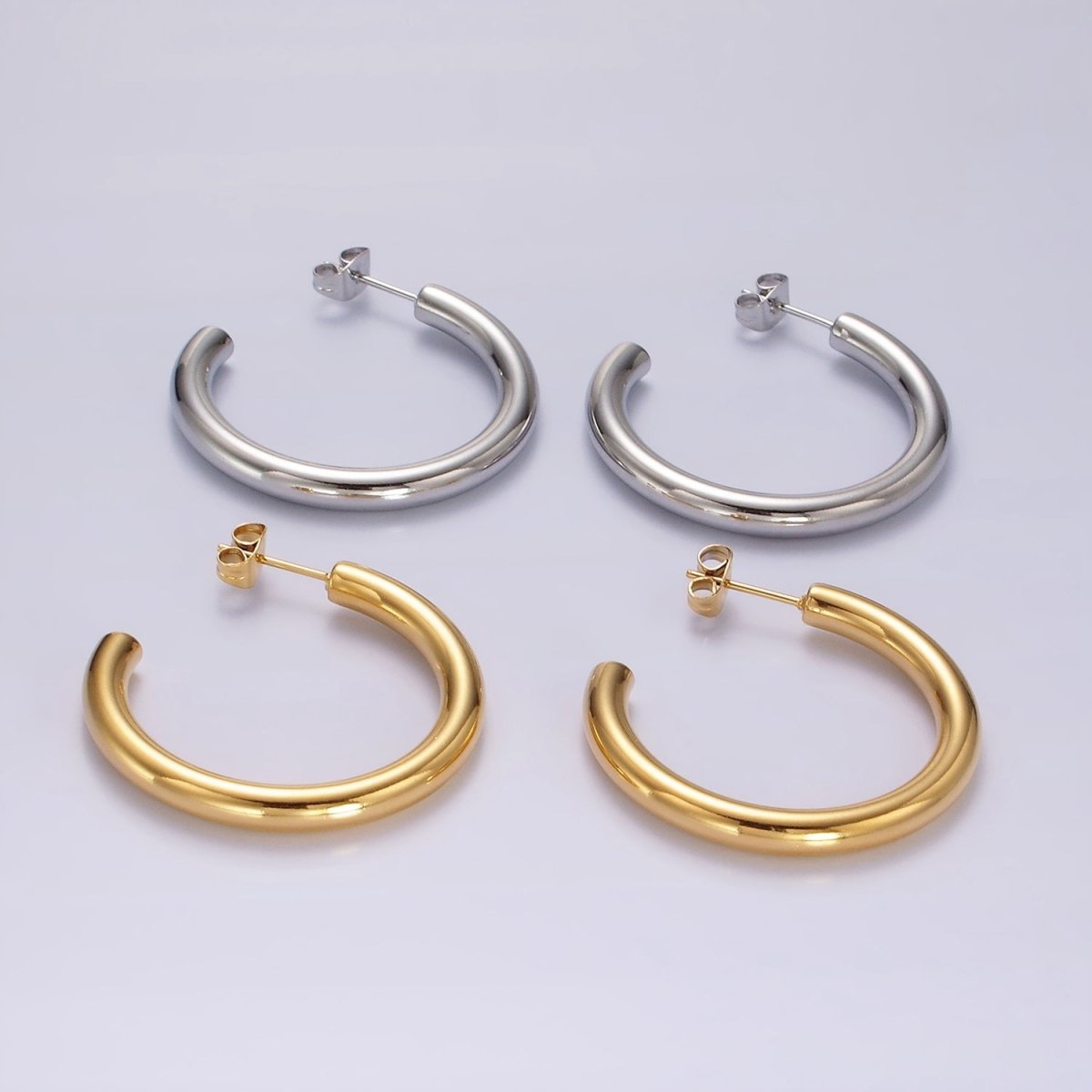 Stainless Steel 30mm, 35mm, 40mm Minimalist C-Shaped Hoop Earrings in Gold & Silver | AE223 - AE228