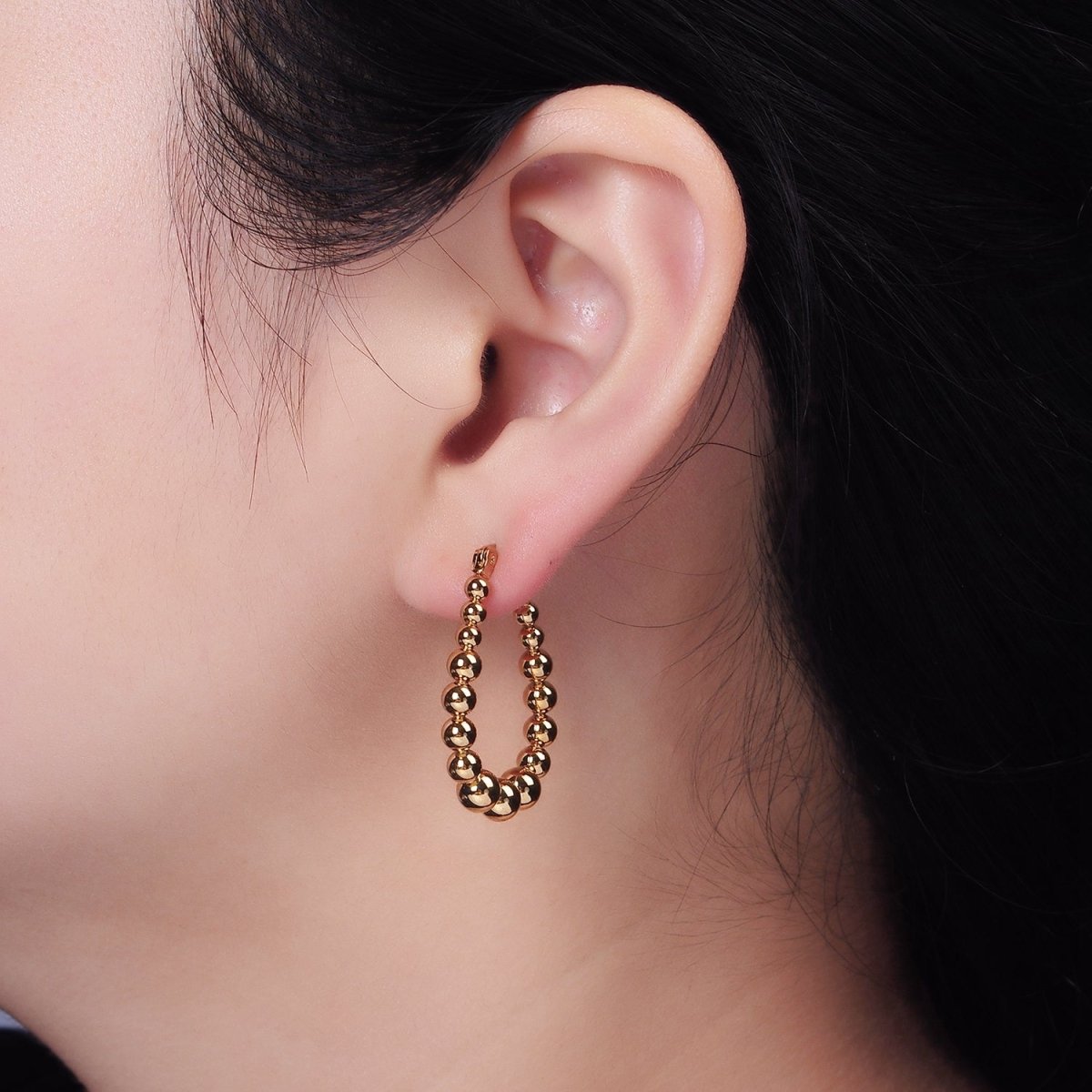 Stainless Steel 30mm Beaded Bubble U-Shaped Oblong Latch Hoop Earrings | AE343 - DLUXCA