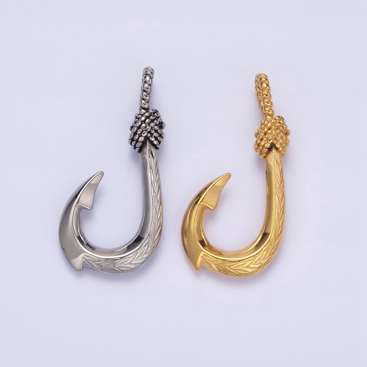 Stainless Steel 30mm Rope-Tied Double Sided Engraved Nautical Hook Pendant in Gold & Silver | P-788