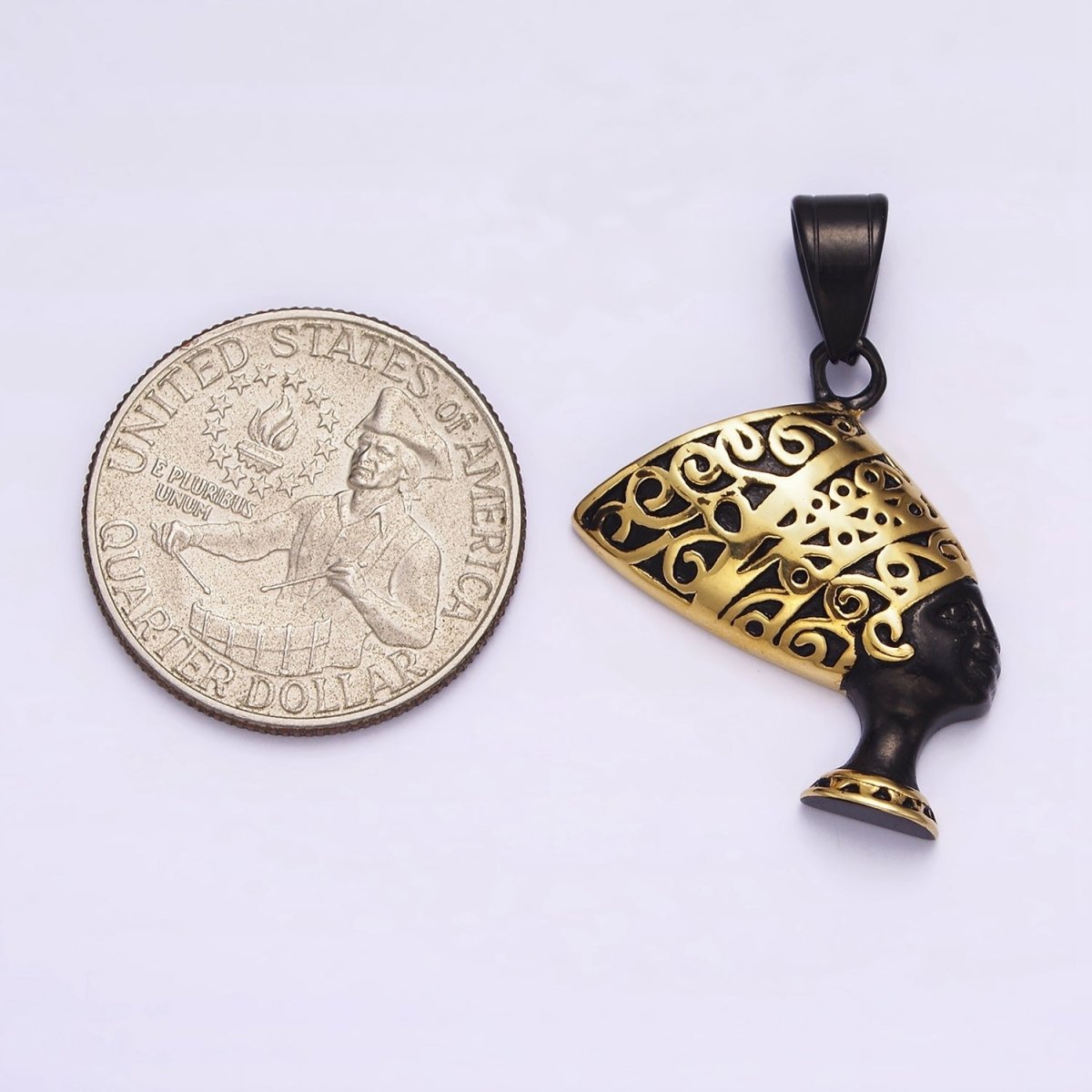 Stainless Steel 34mm Queen Nefertiti Egyptian Goddess Gold-Accented Black Pendant J-690 - DLUXCA