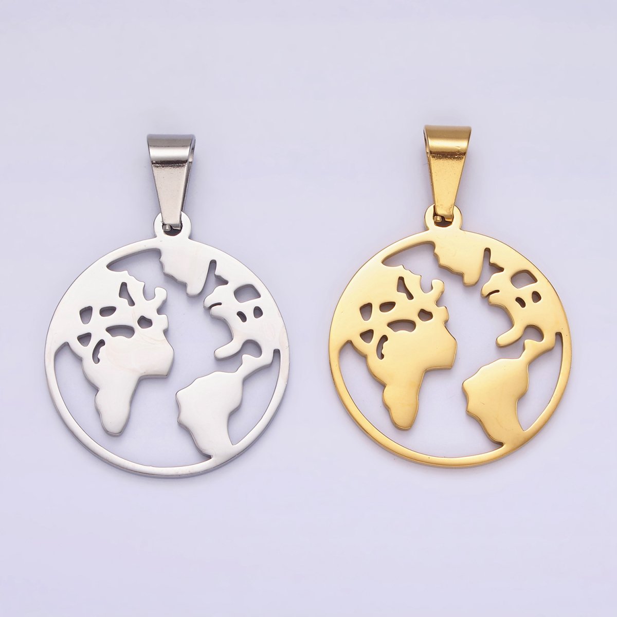 Stainless Steel 35.5mm Open Globe World Map Pendant in Silver & Gold | P-819