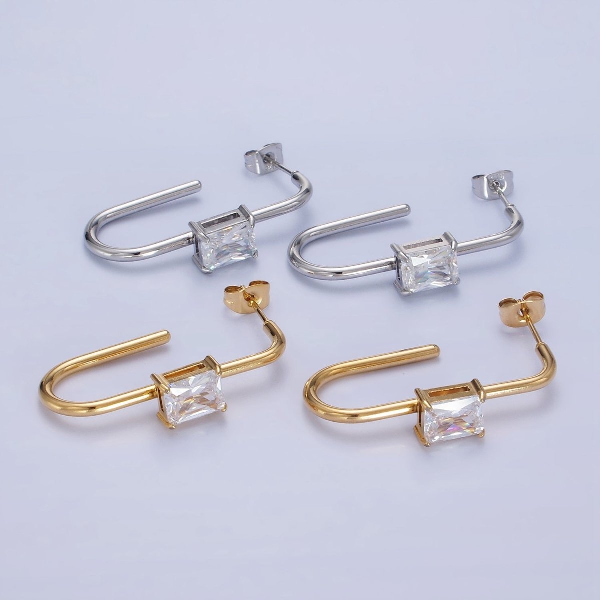 Stainless Steel 35mm Baguette J-Shaped Earrings in Gold & Silver | AB1382 AB1383