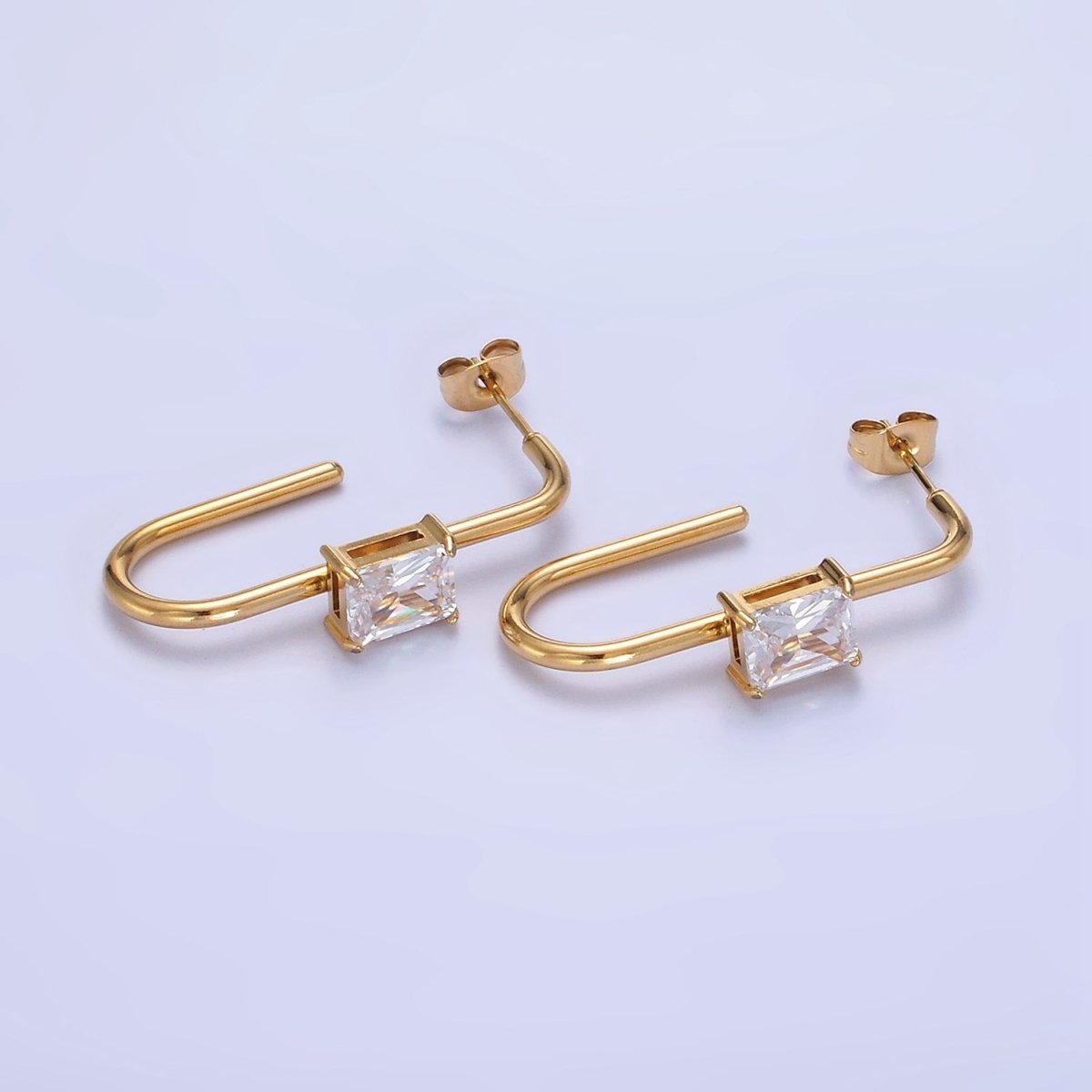 Stainless Steel 35mm Baguette J-Shaped Earrings in Gold & Silver | AB1382 AB1383
