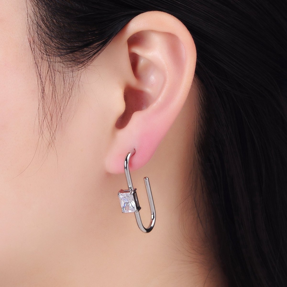 Stainless Steel 35mm Baguette J-Shaped Earrings in Gold & Silver | AB1382 AB1383