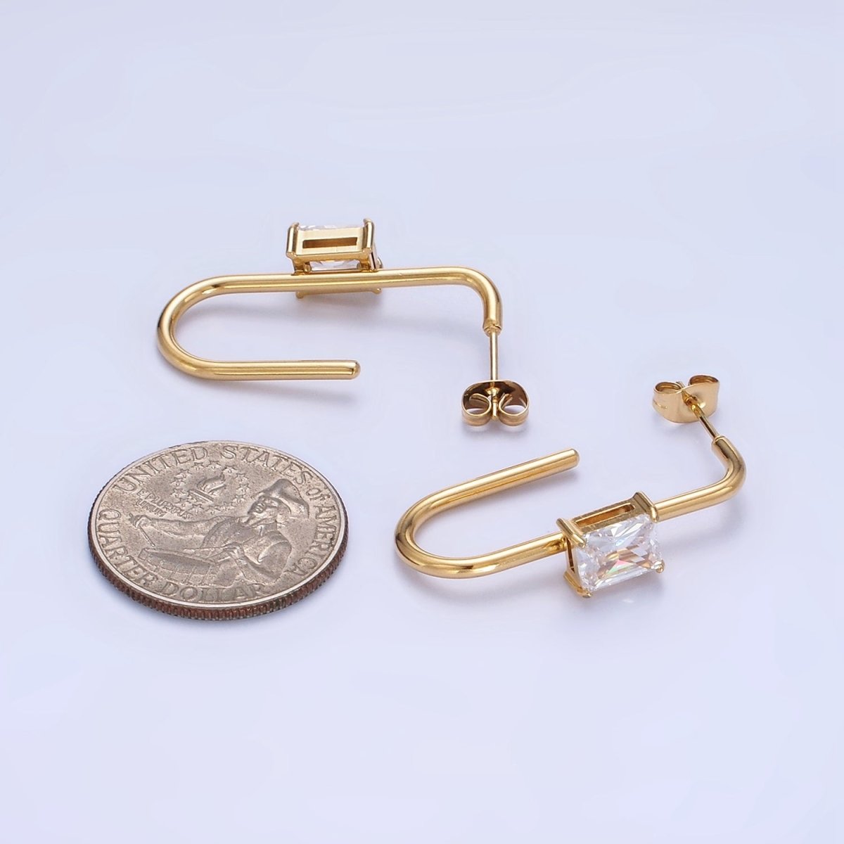 Stainless Steel 35mm Baguette J-Shaped Earrings in Gold & Silver | AB1382 AB1383