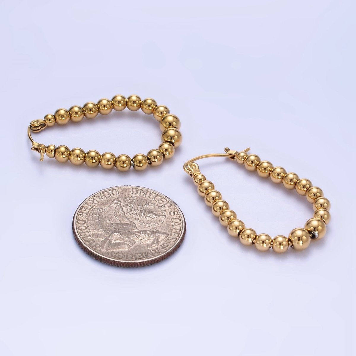 Stainless Steel 35mm Beaded Bubble Oblong Latch Hoop Earrings in Gold & Silver | AB1374 AB1375