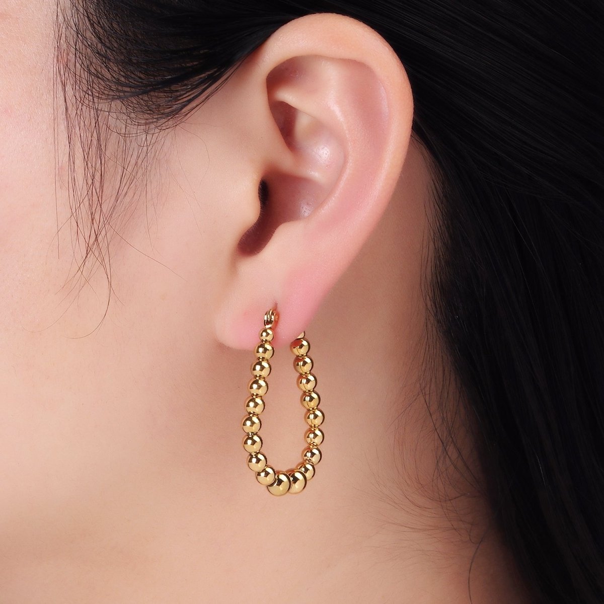Stainless Steel 35mm Beaded Bubble Oblong Latch Hoop Earrings in Gold & Silver | AB1374 AB1375