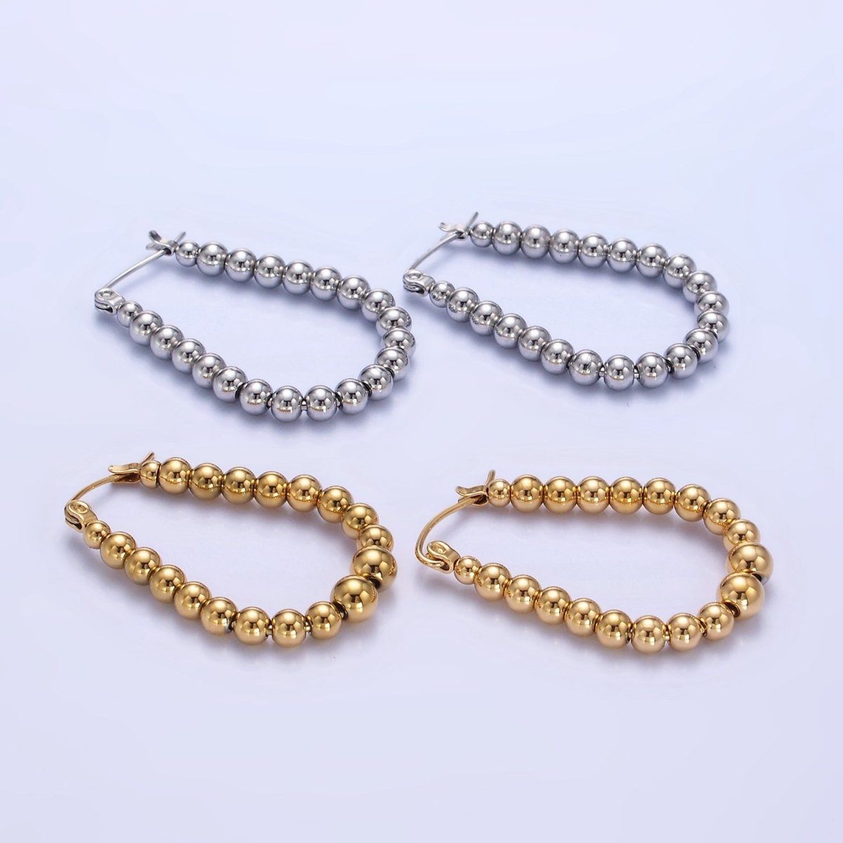 Stainless Steel 35mm Beaded Bubble Oblong Latch Hoop Earrings in Gold & Silver | AB1374 AB1375