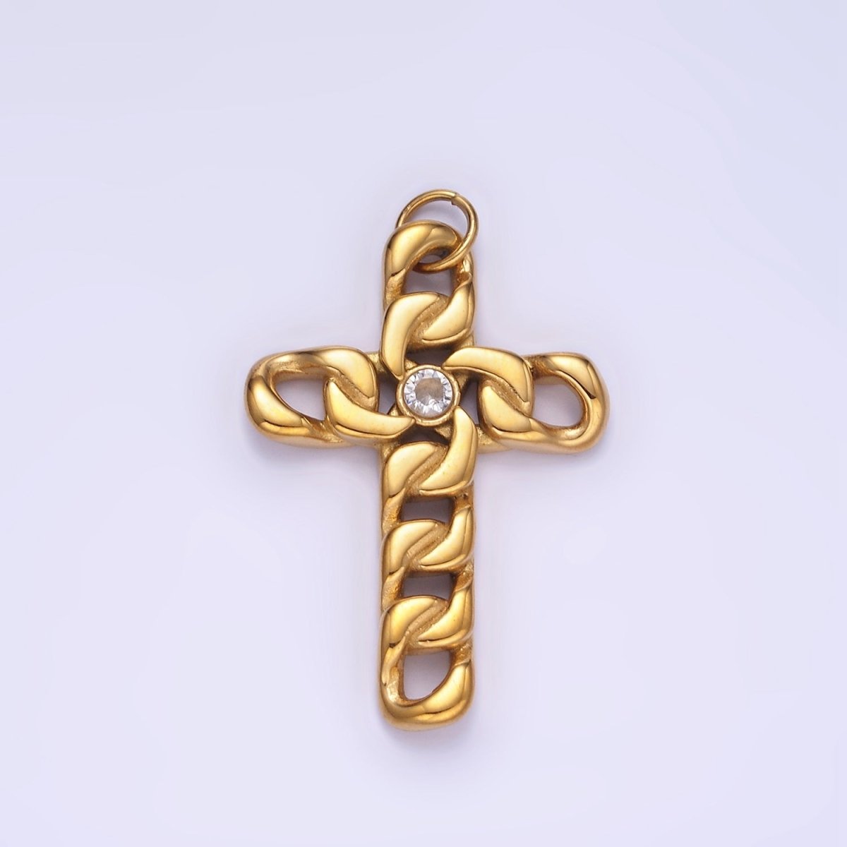 Stainless Steel CZ Curb Chain Religious Cross Charm in Gold & Silver | P965