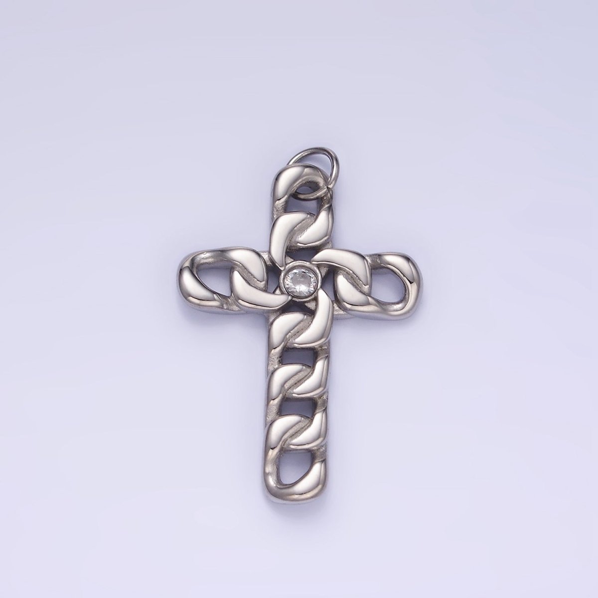 Stainless Steel CZ Curb Chain Religious Cross Charm in Gold & Silver | P965