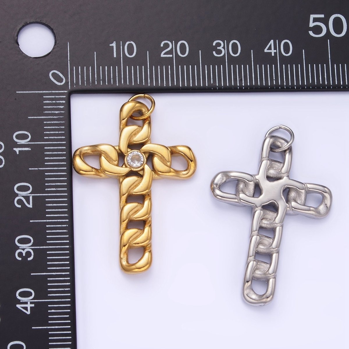 Stainless Steel CZ Curb Chain Religious Cross Charm in Gold & Silver | P965