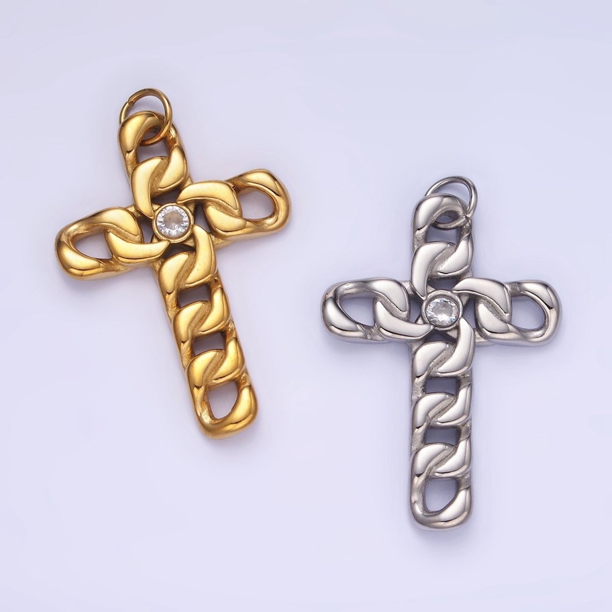 Stainless Steel CZ Curb Chain Religious Cross Charm in Gold & Silver | P965