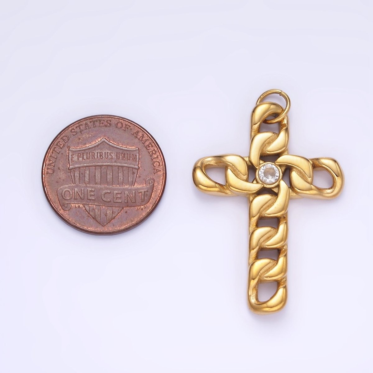 Stainless Steel CZ Curb Chain Religious Cross Charm in Gold & Silver | P965