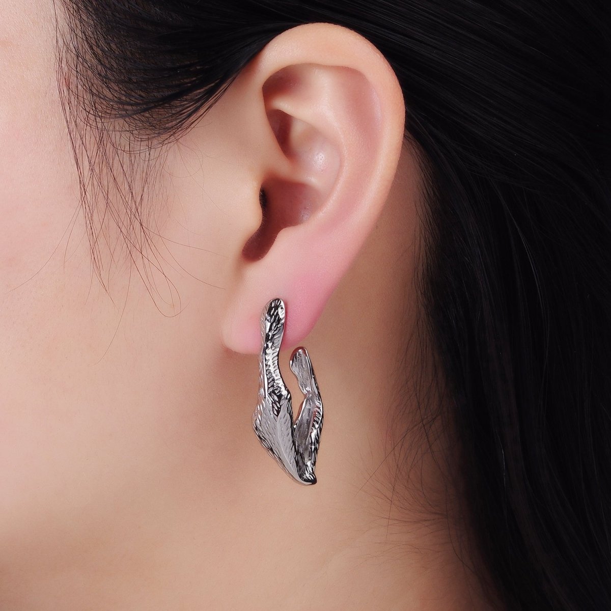 Stainless Steel 35mm Line-Textured Abstract Foil J-Shaped Earrings in Gold & Silver | AB1370 AB1371