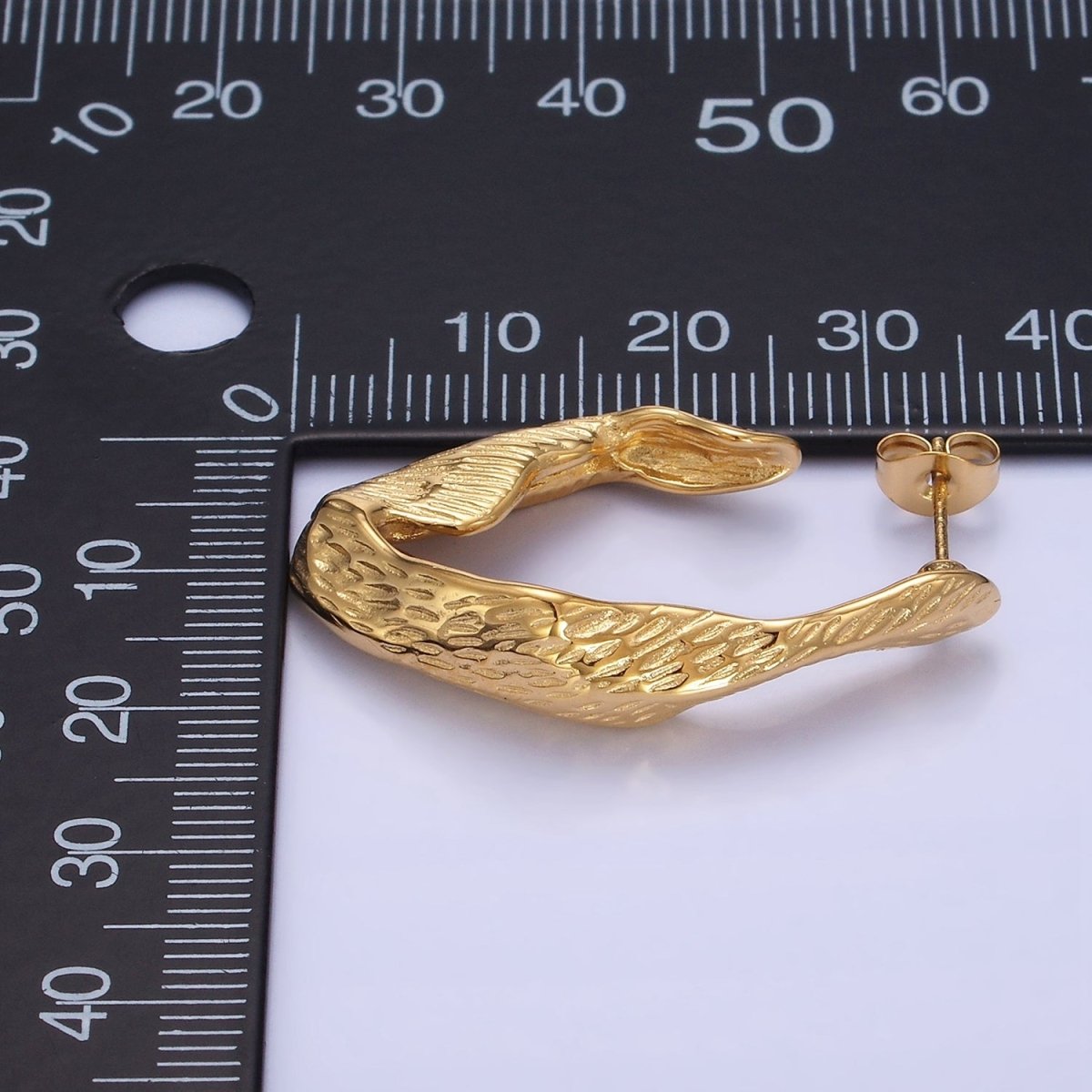 Stainless Steel 35mm Line-Textured Abstract Foil J-Shaped Earrings in Gold & Silver | AB1370 AB1371