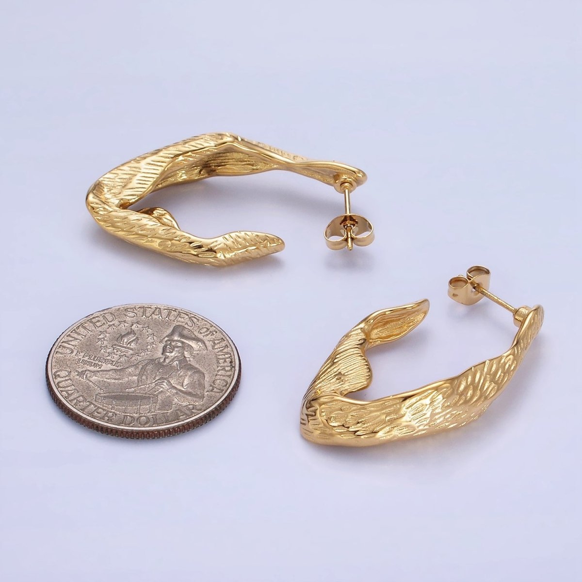 Stainless Steel 35mm Line-Textured Abstract Foil J-Shaped Earrings in Gold & Silver | AB1370 AB1371